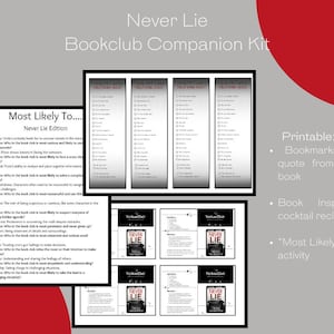 May include: A printable book club companion kit for the novel "Never Lie" by Verian Elise. The kit includes bookmarks with quotes from the book, a cocktail recipe inspired by the book, and a "Most Likely To" activity.