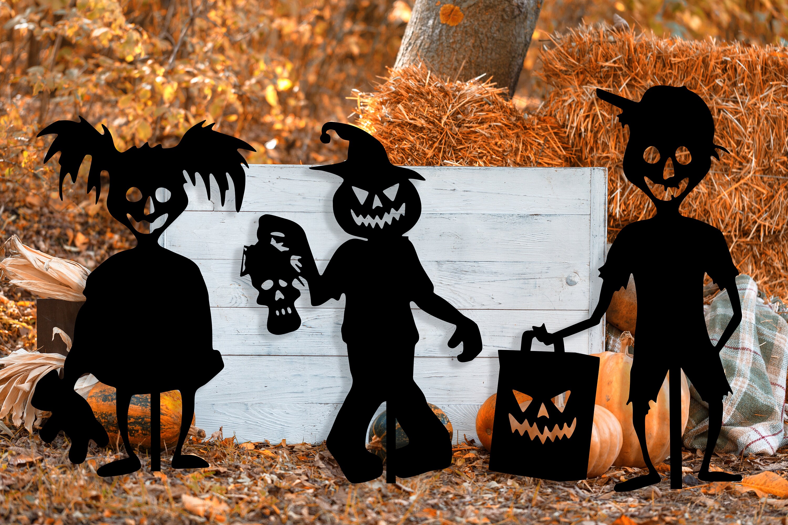 Zombie Kids and Scarecrow Halloween Metal Yard Stake Decor, Fast Free…