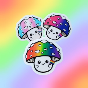 LGBTQ+ Pride Mushroom Stickers | Water Bottle Stickers, Laptop Stickers | Gay Pride Stickers | Pride Flag Stickers | Cute Pride Stickers