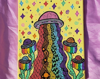 Trippy UFO Flower Acrylic Painting | Psychedelic Maximalist Art