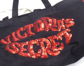 Victoria s Secret Tote Black With Red Bling With Zipper Pre owned Etsy