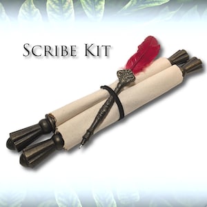 May include: Scribe Kit featuring two rolled parchment scrolls, a decorative pen, and a red feather. The pen is black with a decorative design. The scrolls are held together with a black band. The text "SCRIBE KIT" is displayed above the scrolls.