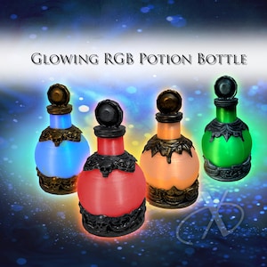 May include: Four glowing RGB potion bottles with dark, ornate skull-detailed caps and bases. The bottles emit blue, red, orange, and green light. The text GLOWING RGB POTION BOTTLE is centred above the bottles, which feature a rounded body design.