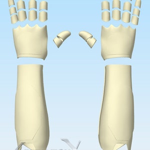 May include: A set of off-white, segmented robotic-style hand and forearm armor pieces. The design includes individual finger segments, a palm plate, and a forearm guard. The text "ASCENSION" with an X logo is visible at the bottom.