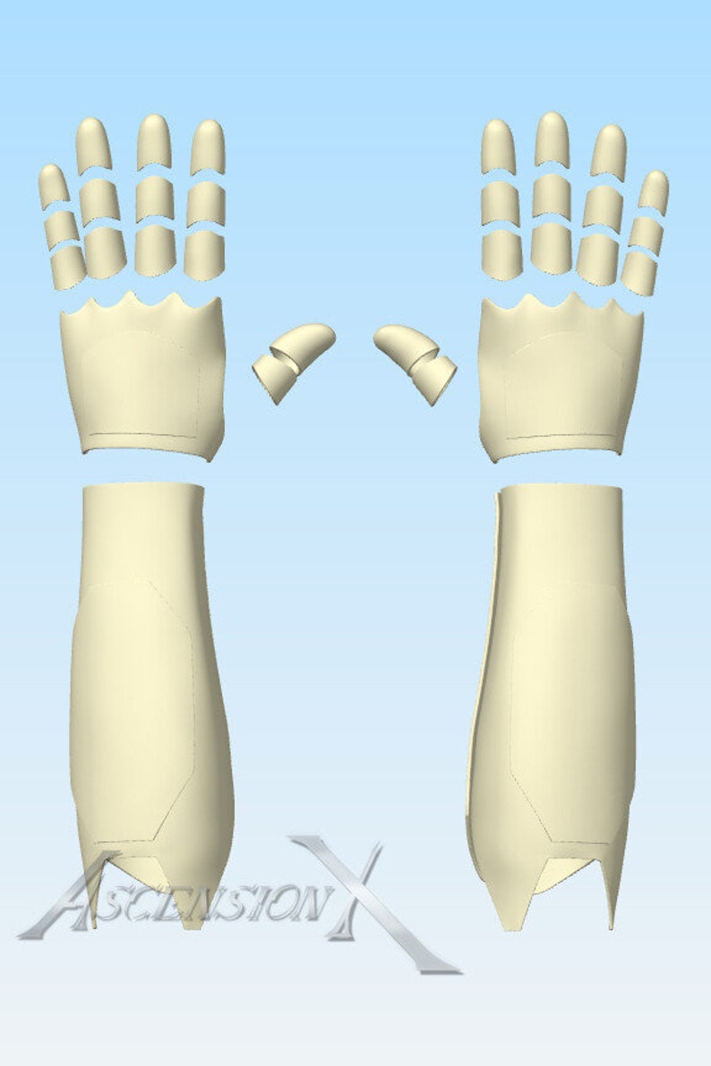 May include: A set of off-white, segmented robotic-style hand and forearm armor pieces. The design includes individual finger segments, a palm plate, and a forearm guard. The text "ASCENSION" with an X logo is visible at the bottom.