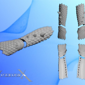 Peut inclure: Modèle 3D imprimé d'une armure de bras en écailles de dragon, présenté en cinq pièces. L'armure est en plastique gris et a une surface texturée. Le modèle est conçu pour être imprimé et assemblé.