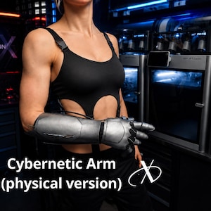 May include: A metallic silver cybernetic arm prosthetic featuring a segmented forearm and hand design with dark joint detailing. The text "Cybernetic Arm (physical version)" is displayed in white at the bottom, accompanied by a stylized circular logo.