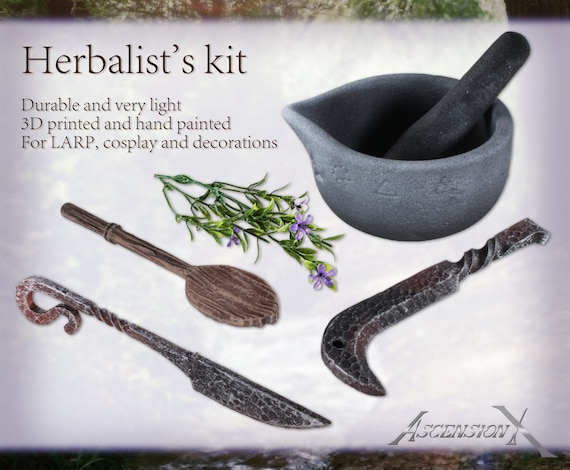 Herbalist’s Kit – 3D Printed LARP Apothecary Set, Rustic Potion Props