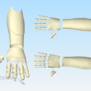 May include: A 3D digital model of a segmented gauntlet or robotic hand and forearm armor in a pale cream color. The design features separate articulated finger pieces, a palm section, and a forearm guard. The text ASCENSION X is visible.