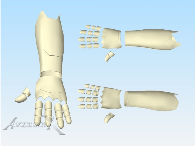 May include: A 3D digital model of a segmented gauntlet or robotic hand and forearm armor in a pale cream color. The design features separate articulated finger pieces, a palm section, and a forearm guard. The text ASCENSION X is visible.