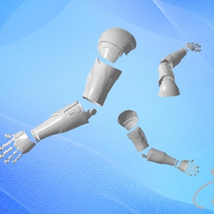 以下が含まれることがあります： 白いセグメント化されたロボットの腕と肩のコンポーネントのセット。関節のある手、前腕パーツ、上腕セクション、丸みを帯びたショルダーキャップが含まれており、青いグラデーションの背景に対して個別のパーツとして表示されています。