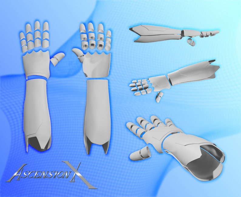 May include: A set of light gray robotic arm and hand components featuring segmented fingers and smooth, angular plating. The pieces are displayed in multiple orientations, including front and side views. The text ASCENSION X is visible.