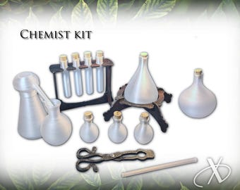 LARP chemist kit with vials, bottles, pliers, cork and stand, and Alembic kit - 3D printed potion maker doctor medical alchemist scientist