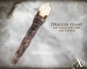 Dragon Flame LARP LED Torch – 3D Printed USB Fantasy Prop, Medieval Accessory