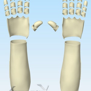 May include: A set of off-white, segmented armor components for hands and forearms, including individual finger pieces, palm plates, and forearm guards. The text "ASCENSION X" is visible in the lower left corner of the image.