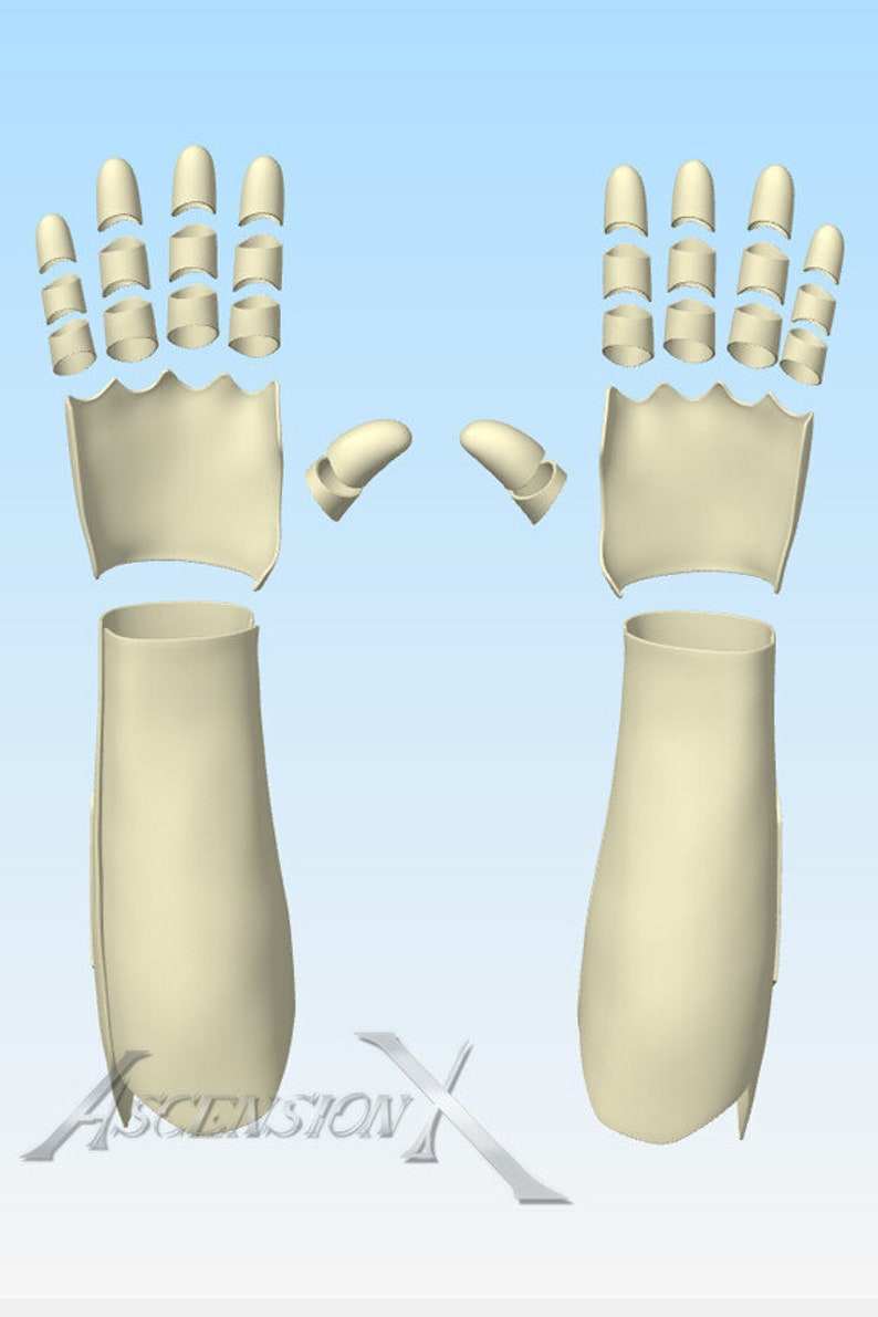 May include: A set of off-white, segmented armor components for hands and forearms, including individual finger pieces, palm plates, and forearm guards. The text "ASCENSION X" is visible in the lower left corner of the image.