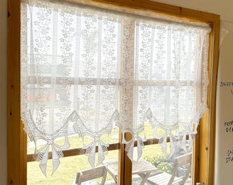 White Retro Embroidered Flower Short Curtain, French Style Lace Sheer Curtain, Valance Lace Floral Curtains, Cafe Curtain, Lace Bows Decor