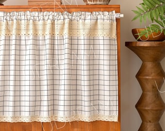 Black White Plaid Cafe Curtain: Farmhouse Lace Kitchen Curtain