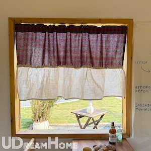 British Red Plaid Short Curtain, Linen Cafe Curtain Valances with Ruffle, Farmhouse Country Kitchen Checkered Curtain, Custom Curtains Sizes