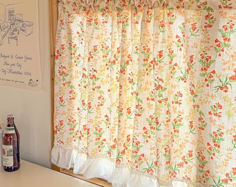 Linen Cafe Curtain, Countryside Orange Wild Flowers Green Leaves Short Curtain with Ruffle Edges, Printed Curtain, Farmhouse Kitchen Curtain
