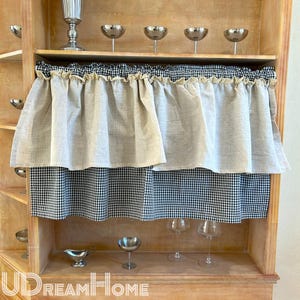 Black Plaid Linen Ruffle Short Curtains, Plaid Linen Cafe Curtains, Country Kitchen Style, Farmhouse Wood Cabin Curtains, Sink Skirt