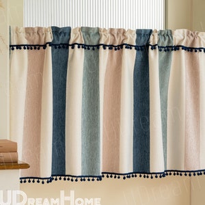 Vertical Striped Linen Cafe Curtains Blue PomPom Trim, Farmhouse Kitchen Curtains, Window Panel Kitchen Curtains, Custom Curtains Panel