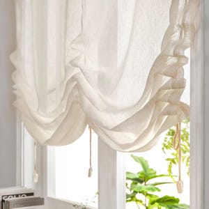 Farmhouse Pull-Up Curtain, Adjustable Tie-Up Curtain, Custom Kitchen Half Curtain, Bedroom and Living Room Sheer Linen Curtain, Custom Size