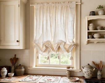 Farmhouse Country Pull-Up Curtain, Adjustable Tie-Up Curtain, Custom Kitchen Half Curtain, Bedroom and Living Room Sheer Cotton Curtains