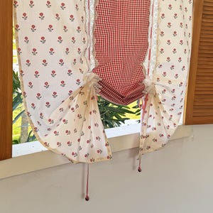 Red Plaid Flower Curtain, Farmhouse Pull-Up Curtain,Adjustable Tie-Up Curtain,Custom Kitchen Half Curtain, Lace Splice Tie Up Cotton Valance