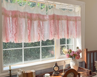 Romantic Embroidery Rose Curtain Valance,  Shabby Light Pink Lace Valance,  Cafe Curtain, Farmhouse Country Kitchen Curtains,H-25inch (63cm)
