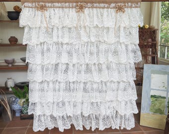 Handmade Luxury Unique Burlap Long Full Lace Ruffles Valance,Romantic Wedding Backdrop,Farmhouse Country Kitchen Curtain,Shabby Chic Curtain