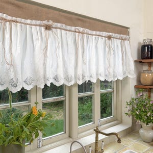 Vintage Rustic Cottage Window Curtains, Burlap Shabby White Lace Farmhouse Kitchen Valance with Scalloped Edge, Cafe Curtain,H-27inch (70cm)