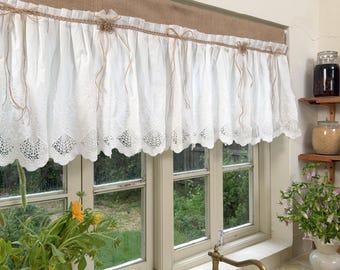 Cortinas rústicas vintage para janelas de casa de campo, cortina de juta branca estilo shabby chic com renda e borda ondulada, cortina para café, altura de 60 cm (24 polegadas).