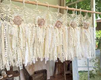 Custom Hand Shabby Chic Lace Curtain, Beige White Crochet Lace Farmhouse Country Kitchen Valance, Cafe Curtain,Wedding Decor,H-25inch (63cm)