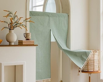 Green Plaid Japanese Noren Curtain, Cotton Linen Door Curtain, Long Noren, Moss Green Doorway Curtain, Room Divider Noren Drape, Custom Size