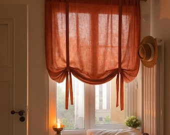 Linen Tie Up Valance, Relaxed Roman Shade Drapes, Shabby Chic Window Curtains, Farmhouse Pull-Up Curtain, Kitchen Valance, Custom Sizes