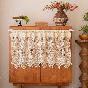 Beige Lace Crochet Hollow Stripes Short Curtains, Flower Cafe Curtains with Tassel, Country Farmhouse Kitchen Half Curtains, Gifts