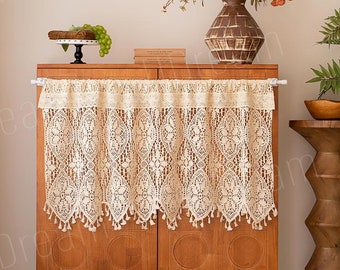 Beige Lace Crochet Hollow Stripes Short Curtains, Flower Cafe Curtains with Tassel, Country Farmhouse Kitchen Half Curtains, Gifts