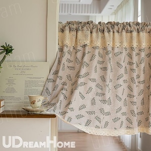 Green Plant Cotton Linen Short Curtains, Rustic Country Curtains, Cafe Shop Curtains, Printing Curtains, New Farmhouse Kitchen Curtain