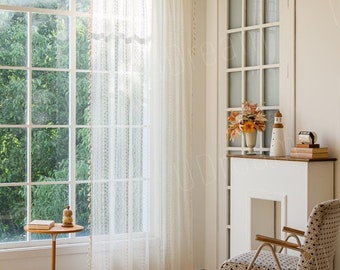 Boho Crochet Hollow Curtains, Farmhouse Light Filtering Kitchen Curtains, Beige Lace Flower Curtains with Tassel, Cafe Semi-Sheer Curtains