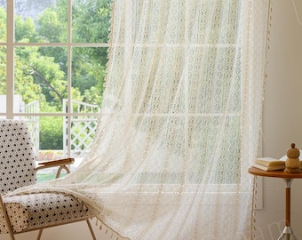 Vintage Crochet Hollow Lace Curtains, Boho Curtains, Cotton Lace Flower Curtain, Farmhouse Kitchen Sheer Curtain Panels for Window Treatment