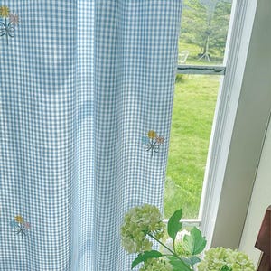 Cotton Embroidery Curtains: Floral Plaid Gingham - Set of 2