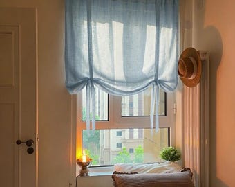 Linen Farmhouse Pull-Up Curtain, Adjustable Balloon Shade Tie-Up Curtain,Custom Kitchen Half Curtain,Living Room Curtain, Custom Panel Drape