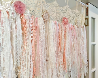 Rustic Shabby Chic Boho Window Curtains Valance, Light Pink Lace Valance, Cafe Curtains, Farmhouse Country Kitchen Curtains, H-25inch (63cm)