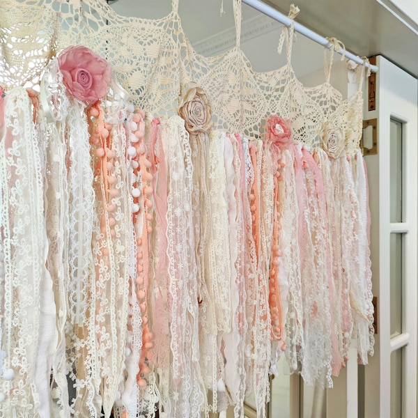 Rustic Shabby Chic Boho Window Curtains Valance, Light Pink Lace Valance, Cafe Curtains, Farmhouse Country Kitchen Curtains, H-25inch (63cm)