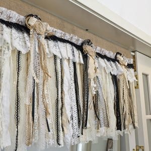 Custom Rustic Unique Burlap Beige Black Lace Valance, Bedroom Window Kitchen Curtain,Shabby Burlap Beige Lace Cafe Curtain,Window Treatments