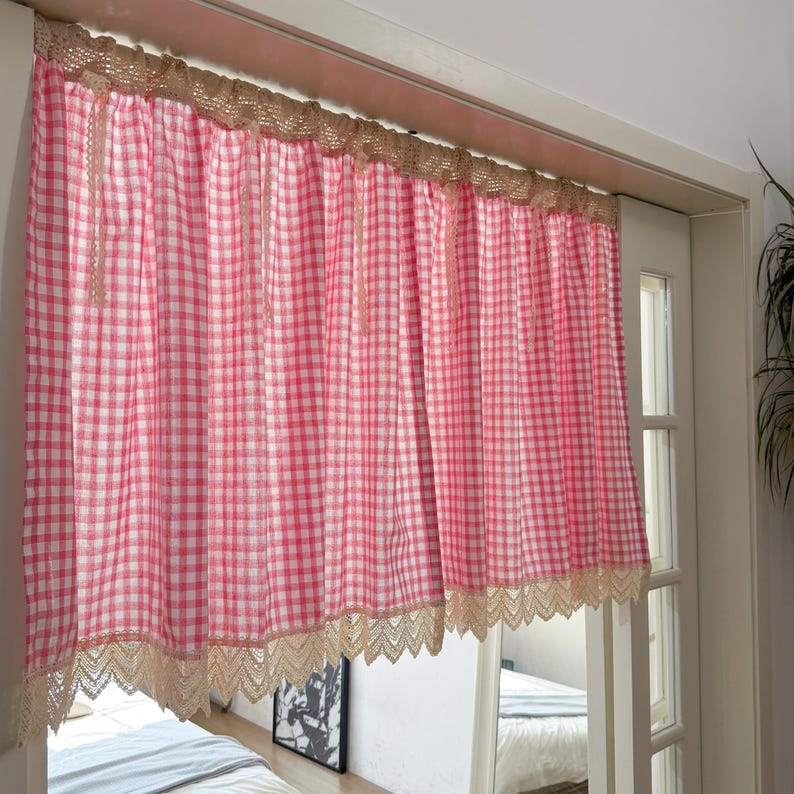 Green Gingham Crochet Cafe Curtains Valances with Lace, Farmhouse Country Kitchen Short Curtain, Cotton Linen Curtain, Custom Curtains Sizes image 14