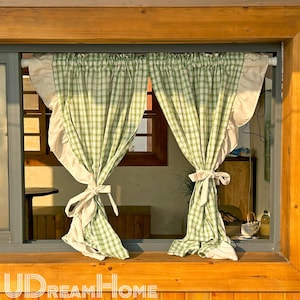 2 Panels Green Gingham Cafe Curtains Valances with Ruffles, Farmhouse Country Kitchen Curtains, Linen Half Curtains, Custom Curtains Sizes