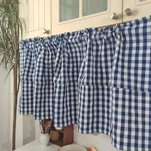 Plaid Blue Gingham Cafe Curtains, Farmhouse Checkered Panel Cotton Linen Curtains, Window Treatments, Small Window Curtains For Kitchen