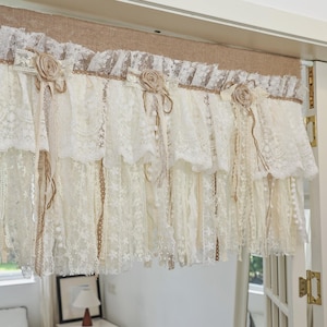 Rustic Unique Burlap Beige ivory Lace Bedroom Window Curtain Valance,Farmhouse Country Kitchen Curtain, Shabby Chic Cafe Curtain,Custom Size